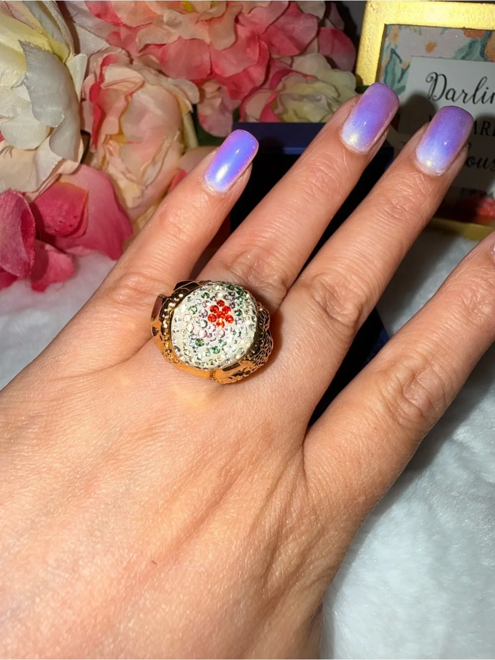 Swarovski Gold Tone Crystal Floral Statement Ring Size 58 EU Glam Cocktail Ring